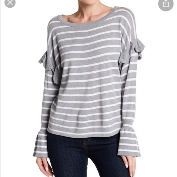 Olivia Sky Women’s gray stripe ruffle sweater, size XL. - Picture 1 of 6